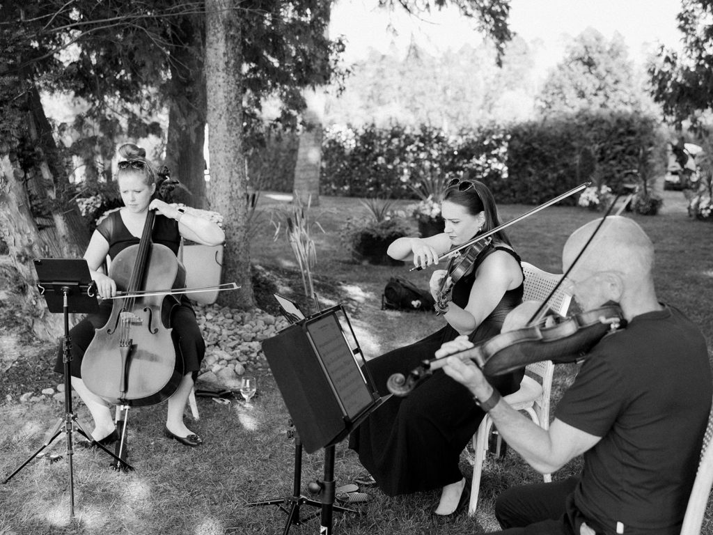 three musicians playing string instruments on armless chairs under trees 